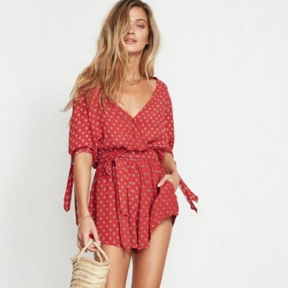 FAITHFULL THE BRAND Romper Womens Size 2 Red Floral Playsuit Belted Flowy CUSCO